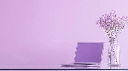 A laptop on a glass desk, soft purple lighting, clean background, text space above, elegant and modern