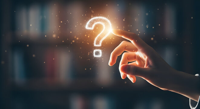 A hand touches a glowing question mark symbolizing curiosity inquiry and the search for answers and knowledge