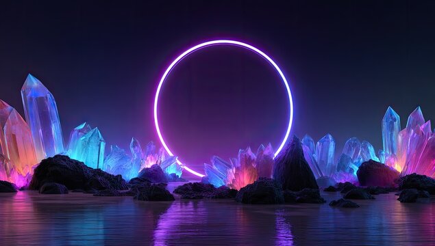 Abstract sci-fi landscape with glowing neon ring, colorful crystals, and reflections - Powered by Adobe