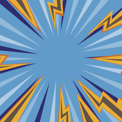 Pop art radial colorful comics book magazine cover. Striped color digital background with thunder flash. Cartoon funny retro pattern strip mock up. Vector halftone illustration. Sunburst shape.
