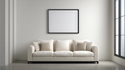 Fototapeta premium Modern living room with blank black frame above sofa