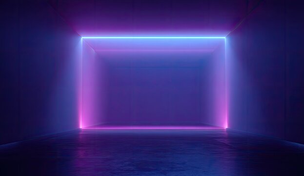 Abstract empty dark room with a glowing neon light frame, blue to pink gradient colors