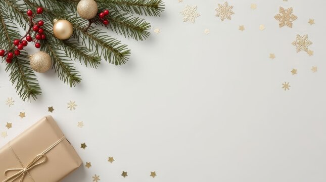 Cozy Winter Flat Lay with Pine and Gold Ornaments