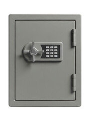 Metal safe with numeric keypad and handle, closed, on a black backdrop