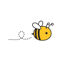 Obraz premium Cute cartoon bee flying with dotted trail yellow and black stripes.