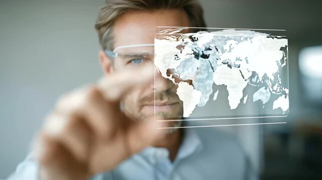 male technician using holographic interface to visualize supply chain bottlenecks subtle swish of data movement three quarter wide angle cinematic color correction gentle
