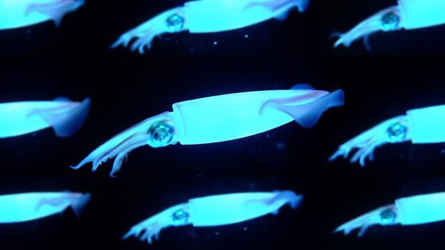 Luminous squid underwater animation against black background