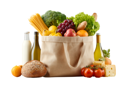 Abundance of Fresh Groceries in Eco-Friendly Reusable Shopping Bag isolated on a transparent background