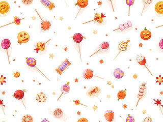 Seamless Halloween candy and lollipop sweets pattern in vector style
