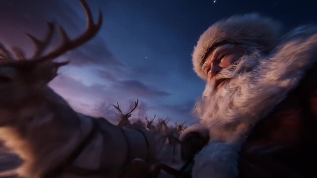 Santa Claus with reindeer pulling his sleigh through a twilight sky