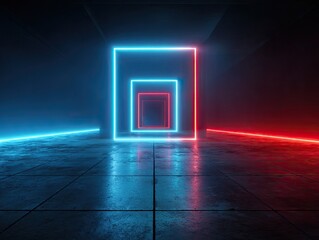 Abstract dark room, glowing neon geometric squares and lines, red and blue light