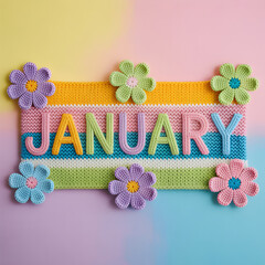 Vibrant Knitted JANUARY Text with Colorful Crochet Flowers on Pastel Striped Background. Handmade Monthly Calendar Display, New Year Season Concept.