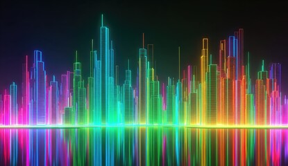 Vibrant neon cityscape reflection, abstract glowing skyscrapers against dark backdrop