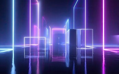 Vibrant neon geometric shapes illuminating a reflective dark floor in an abstract space