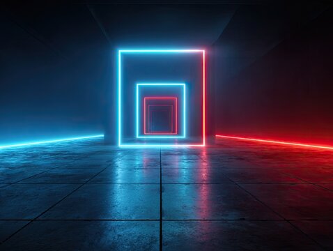 Abstract dark room, glowing neon geometric squares and lines, red and blue light