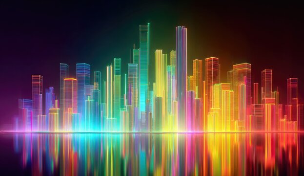 Vibrant neon city skyline with colorful glowing buildings reflected on a dark surface - Powered by Adobe
