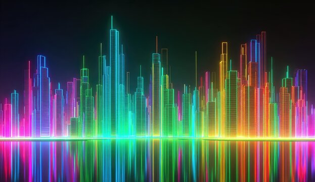 Vibrant neon cityscape reflection, abstract glowing skyscrapers against dark backdrop