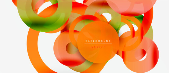 Abstract vibrant circles overlap, creating dynamic orange, yellow, green composition. White background provides clean contrast. Modern design element.