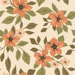 Seamless floral pattern, liberty ditsy print of delicate hand drawn plants. Elegant botanical design in a vintage nature style. Small flowers, large leaves in simple bouquets. Vector illustration. © Yulya i Kot
