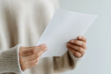 Document Analysis: An elegant portrait features a person engrossed in a close examination of a pristine sheet of paper, against a subtly textured wall.