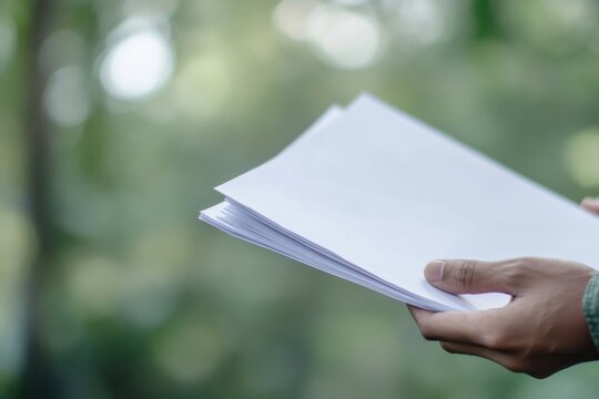 Hands Holding Paper: An anonymous hand tenderly cradles a stack of crisp, clean, white papers against a blurred background, capturing a moment of focus and document.