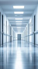 Fototapeta premium Bright, empty defocused hopital corridor background ith copy space.