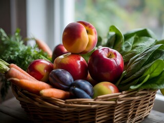 A bountiful woven basket overflowing with fresh ripe fruits and vibrant vegetables artfully arranged near a window with soft natural light
