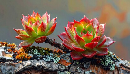 Two Echeveria Succulents on Mossy Bark - A Study in Color and Texture.
