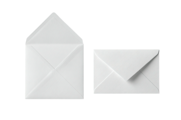 Two white, blank envelopes, one open and one closed, on a black background. Simple design