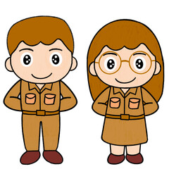 Cartoon illustration of Thai government officers in brown uniform standing with hands in front. Perfect for education, civil servant, school, and culture related designs.