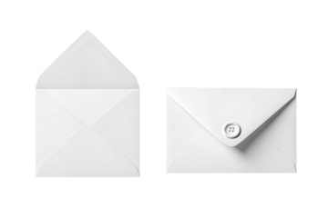 Two white envelopes, one open and one sealed with a wax seal, isolated on a black background