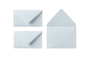 Three white envelopes, two sealed and one open, against a black background