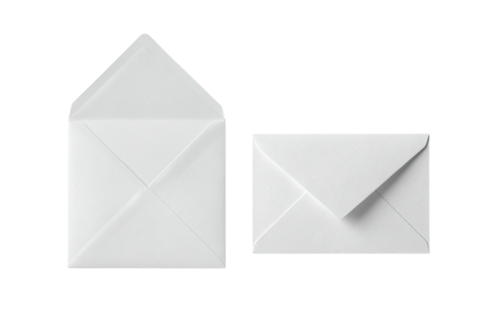 Two white, blank envelopes, one open and one closed, on a black background. Simple design