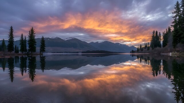 Vibrant sunset paints the sky with fiery orange and purple hues reflecting on a tranquil mountain lake surrounded by evergreen trees
