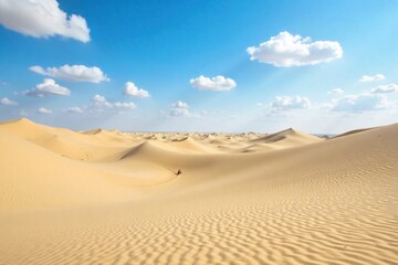Desert Sand Dunes with a Textured Linen Coat Background A wide shot of rolling desert sand dunes under bright, natural sunlight. The texture of natural, light beige linen fabric is subtly overlaid or
