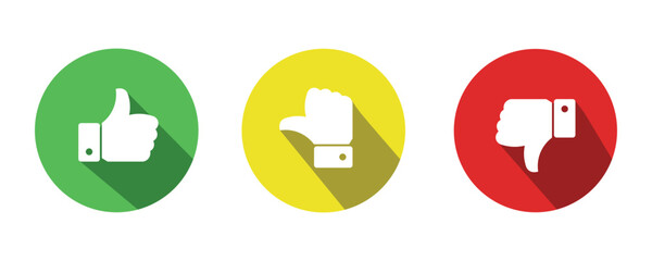 Like, dislike and neutral thumb symbols in green, yellow and red color. Feedback and rating thumbs up and thumbs down icons set. Thumbs up, down and sideways symbol icon set.