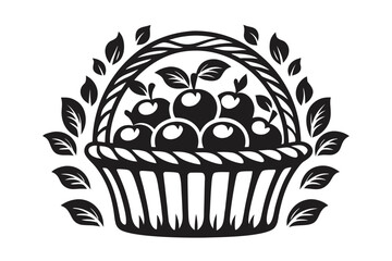 Basket overflows with ripe apples, adorned with leaves in a black and white motif