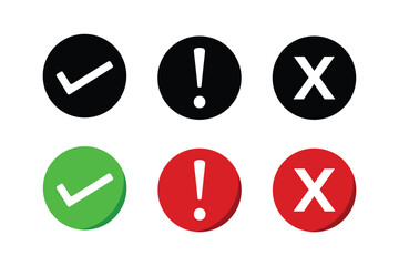 Checkmark, exclamation mark, and cross sign icon. Tick, warning, and x symbol.