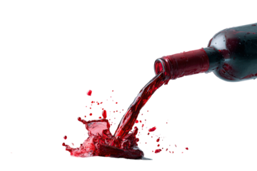 Red liquid pours from a dark bottle, splashing on a black backdrop with a vibrant effect