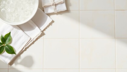 Spa essentials with bowl of water, towels, and green leaves on tiles  