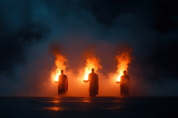 Mysterious Trio with Flames: Enigmatic figures shrouded in flowing robes stand silhouetted against a dramatic backdrop of swirling smoke, each holding aloft a fiery torch.