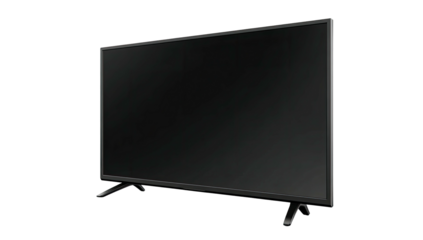 A dark, rectangular screen angled slightly, showcasing a modern television set on a black background