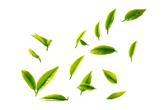 Several bright green tea leaves isolated on a black background. The leaves vary in shape and orientation