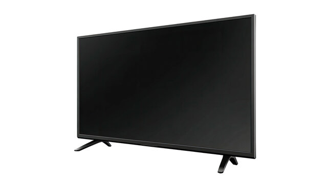 A dark, rectangular screen angled slightly, showcasing a modern television set on a black background