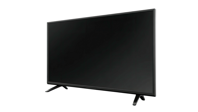 A dark, rectangular screen angled slightly, showcasing a modern television set on a black background