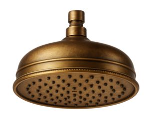 A round brass overhead showerhead with an antique finish for a vintage rustic bathroom.