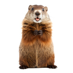 A fluffy brown groundhog standing upright with its mouth open and looking directly at the camera isolated on transparent background