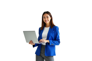 Portrait of a smiling Asian businesswoman in a stylish blue blazer holding a laptop, isolated on a transparent background