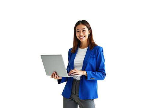 Portrait of a smiling Asian businesswoman in a stylish blue blazer holding a laptop, isolated on a transparent background