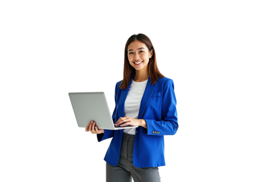 Portrait of a smiling Asian businesswoman in a stylish blue blazer holding a laptop, isolated on a transparent background